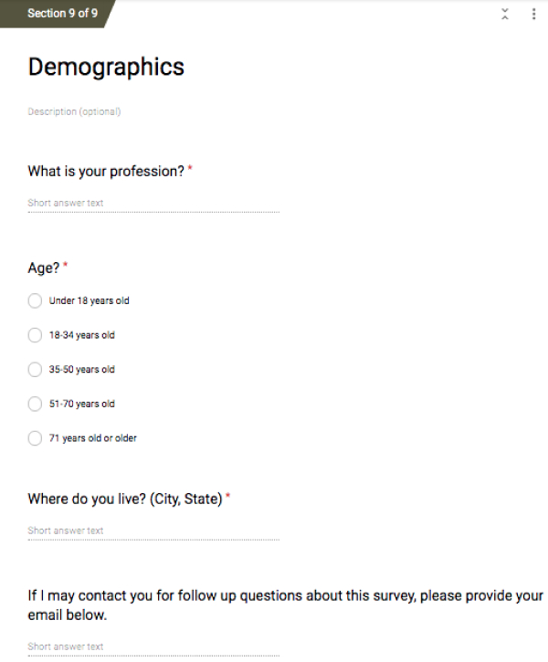 Survey screenshot of demographics